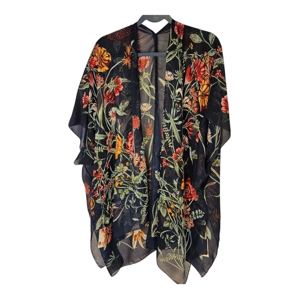 Bohemian Kimono Shawl navy floral bathing suit coverup wrap beach boho d…​​​​